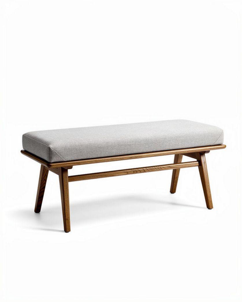 Houten bank met grijze kussen 120 x 40 x 45cm voor binnengebruik