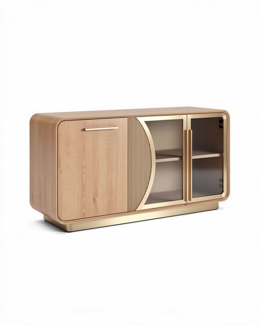 Houten tv-meubel met glazen deurtjes en afmetingen van 150 x 45 x 60cm