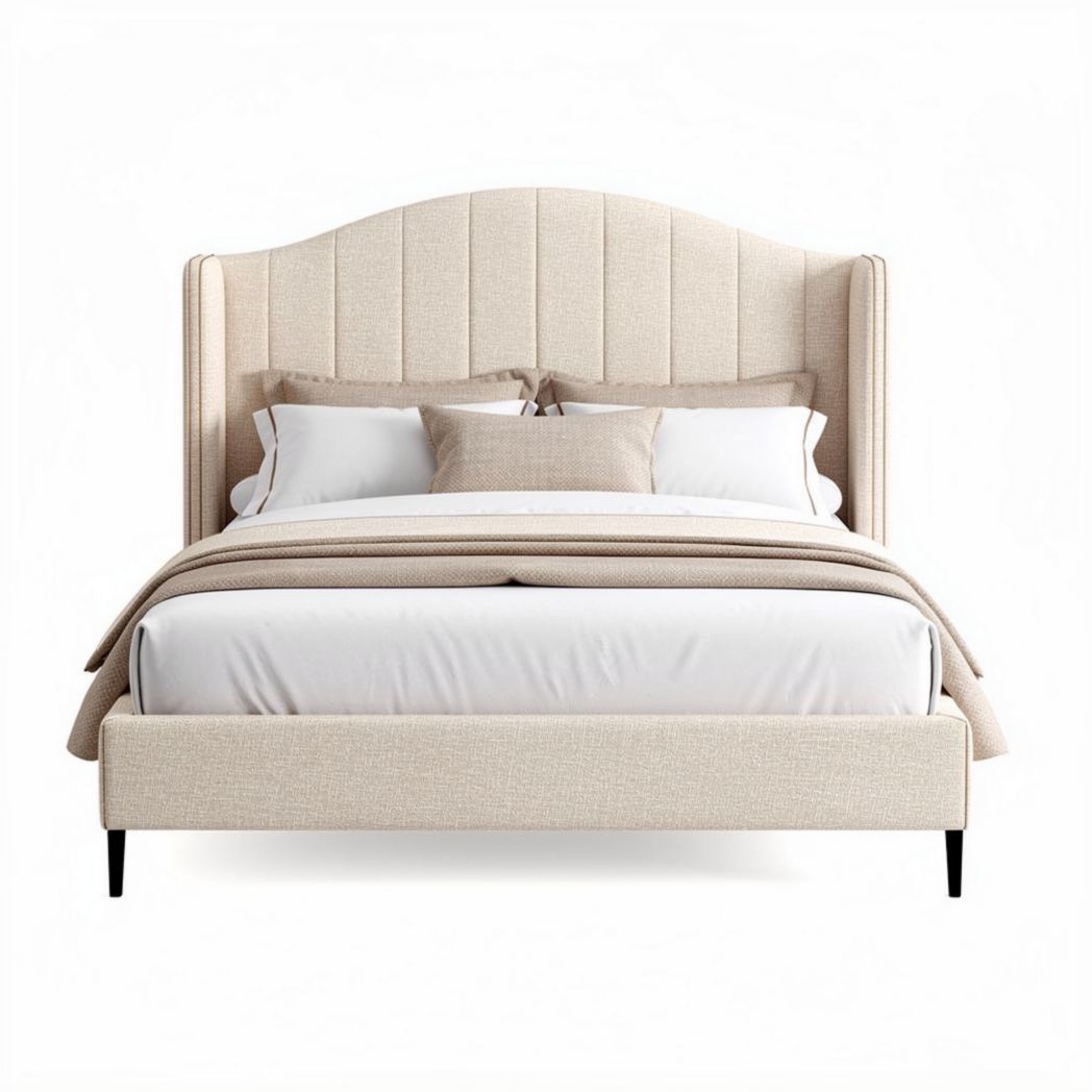 Tweepersoonsbed van stof in beige met hoofdbord van 200 x 160 x 120cm