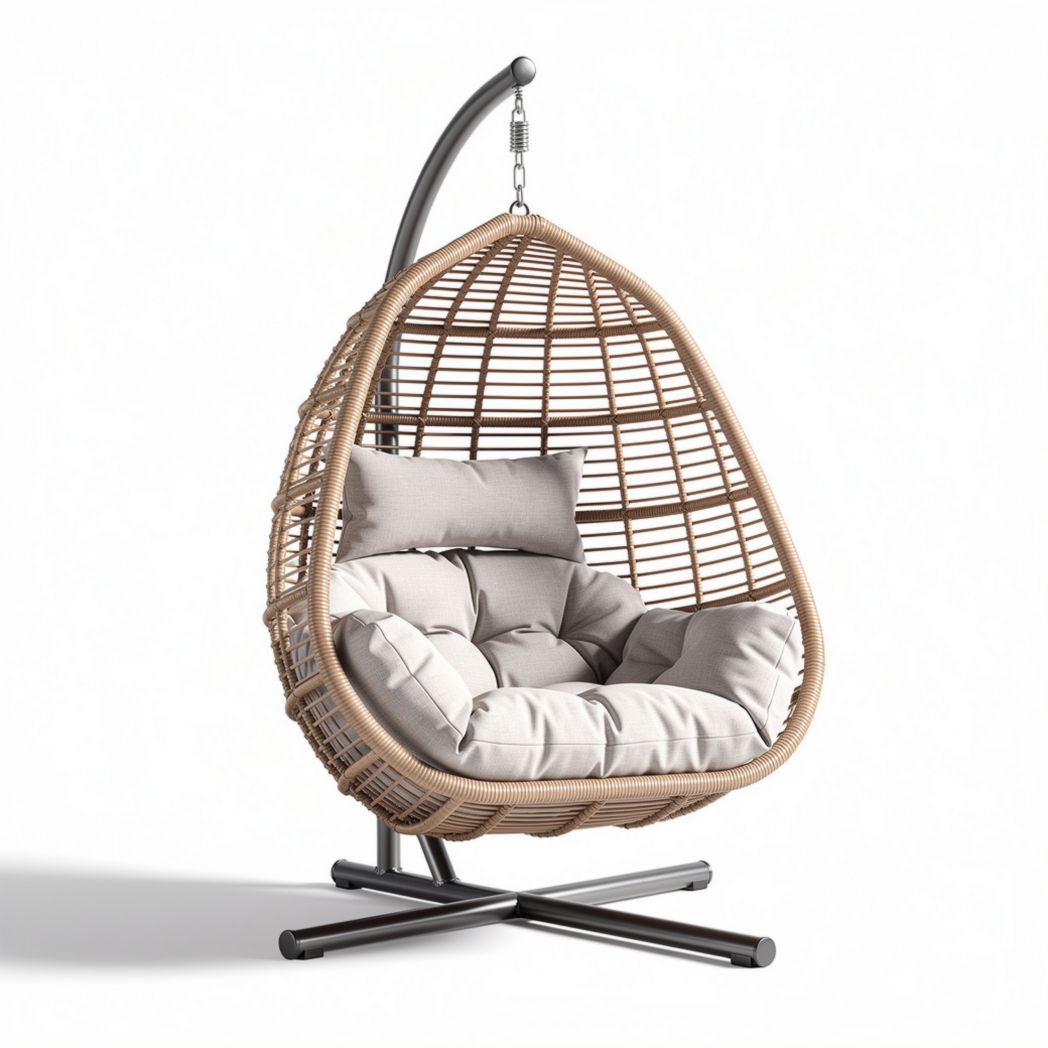 Hangstoel van wicker met kussen in lichtgrijs 110 x 100 x 130cm