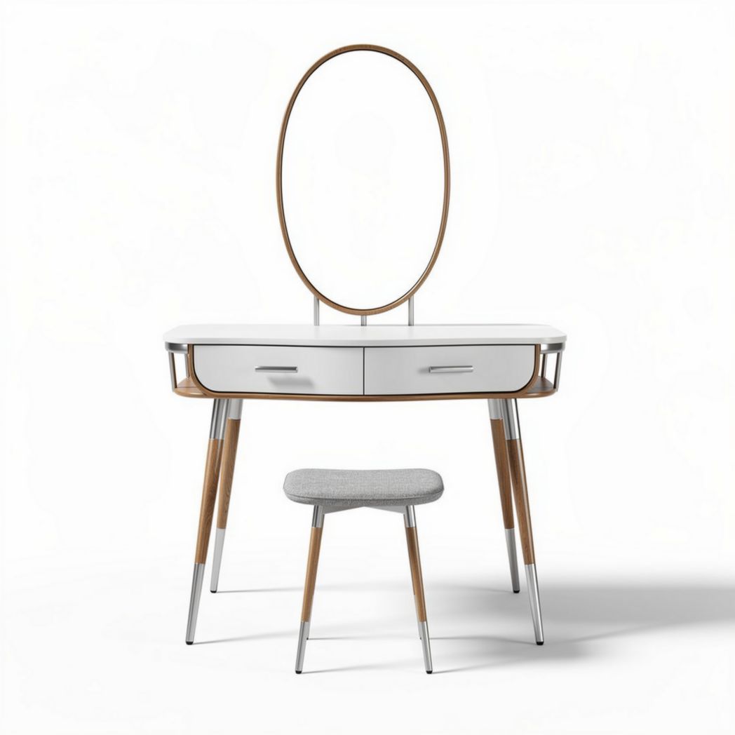 Witte make-up tafeltje met spiegel en hocker van hout en metaal 80 x 40 x 75cm