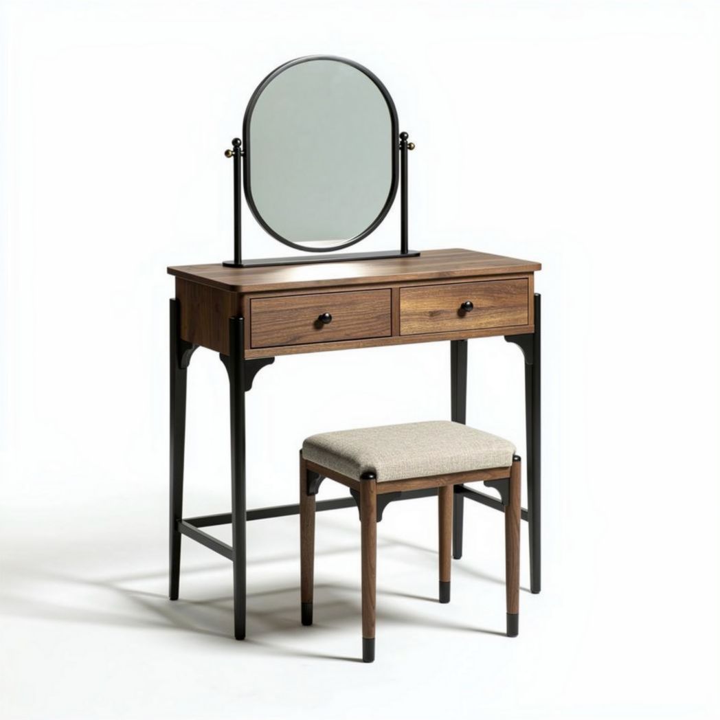 Kaptafel met ronde spiegel en houten poten 100 x 45 x 75cm bruin zwart