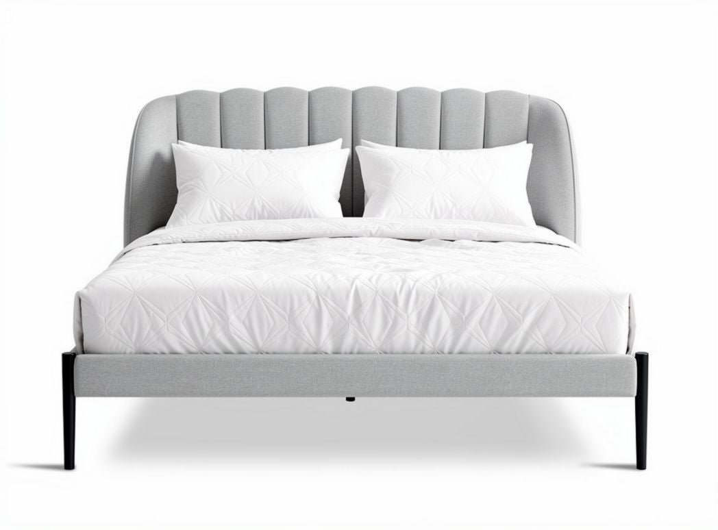 Grijs gestoffeerd tweepersoonsbed met hoofdbord 200 x 160 x 100cm